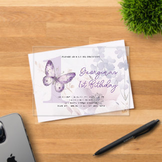Elegante lila Schmetterlings-Blumen-Erstgeburtstag Acryleinladungen