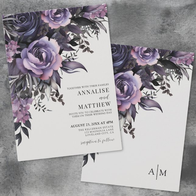 Elegante Lila Schwarze Flora Hochzeit Einladung (Elegant Purple Black Floral Wedding Invitation)