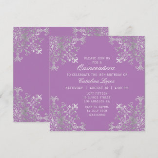 Elegante Lila Silber Verzierte Flora Quinceñera Einladung
