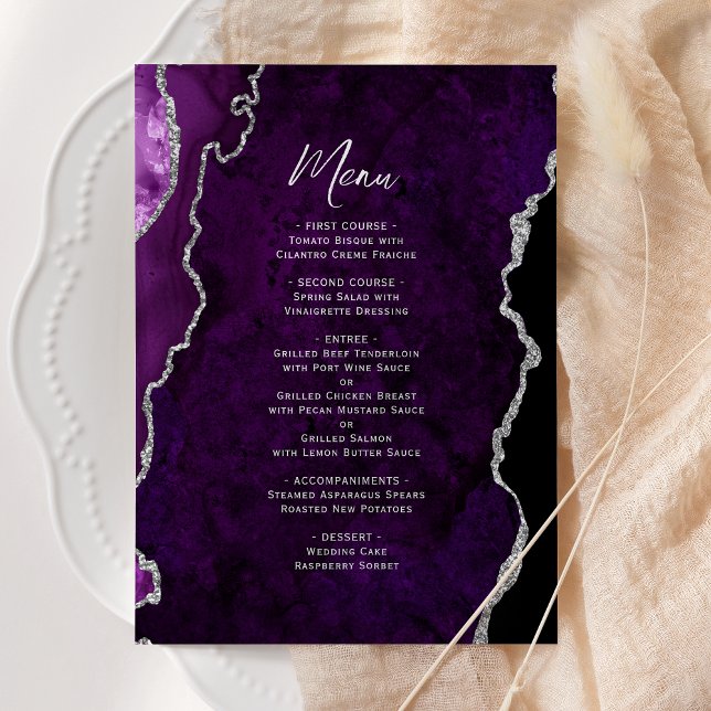 Elegante lila-silberne Achat-Hochzeitsmenü Menükarte (Von Creator hochgeladen)