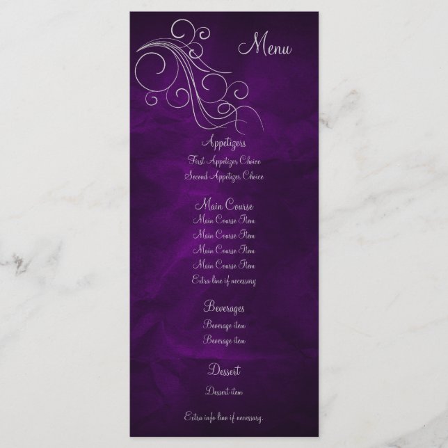Elegante Lila Silver Wedding Menu Rack Card Menükarte (Vorderseite)