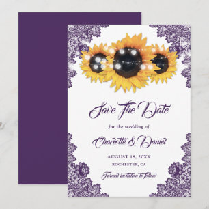 Elegante lila Sonnenblumen-Blumen-Spitzen-Hochzeit Save The Date