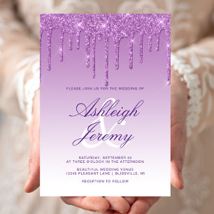 Elegante lila tropfende Glitter-Schrift Hochzeit Einladung