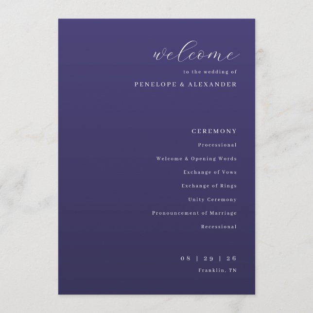 Elegante lila typografische Hochzeitszeremonie Programm (Vorderseite)