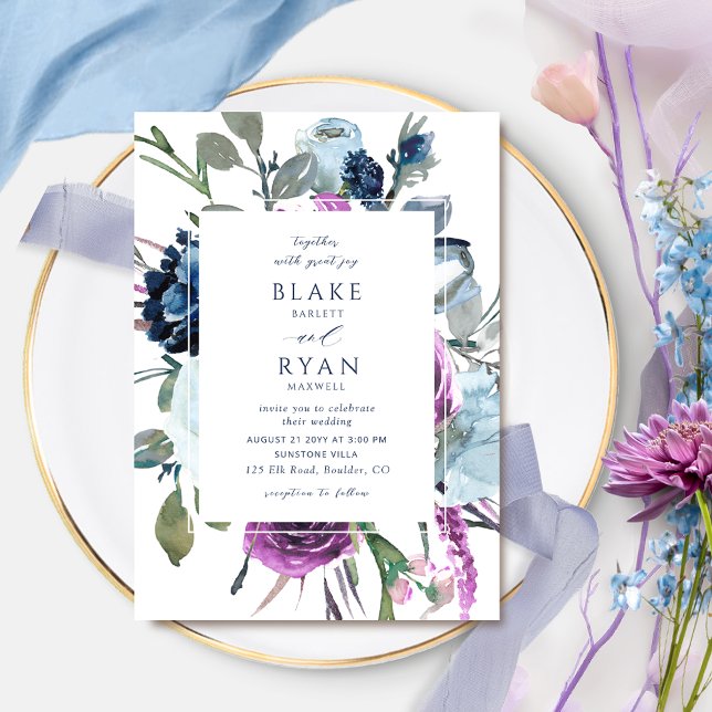 Elegante Lila und blaue Botanische Hochzeit Einladung (Von Creator hochgeladen)