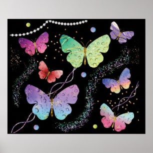 Elegante lila und blaue leuchtende Schmetterlinge Poster