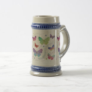 Elegante Lila und blaue Schmetterlinge Bierglas