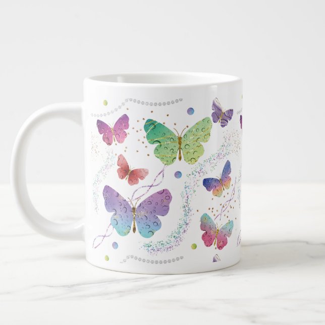 Elegante Lila und blaue Schmetterlinge Jumbo-Tasse (Links)