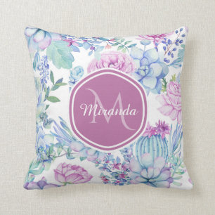 Elegante Lila und blaue, sukkulente Blüte mit Name Kissen
