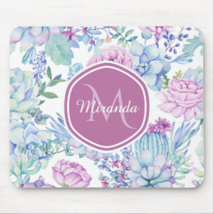 Elegante Lila und blaue, sukkulente Blüte mit Name Mousepad