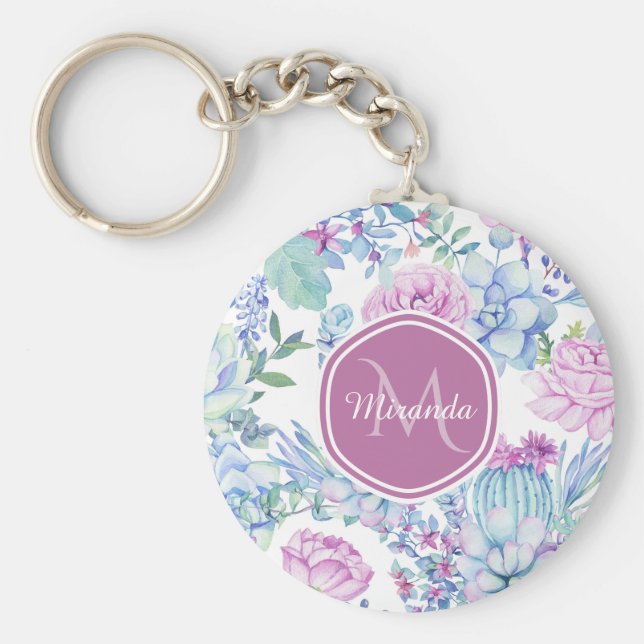 Elegante Lila und blaue, sukkulente Blüte mit Name Schlüsselanhänger (Vorne)