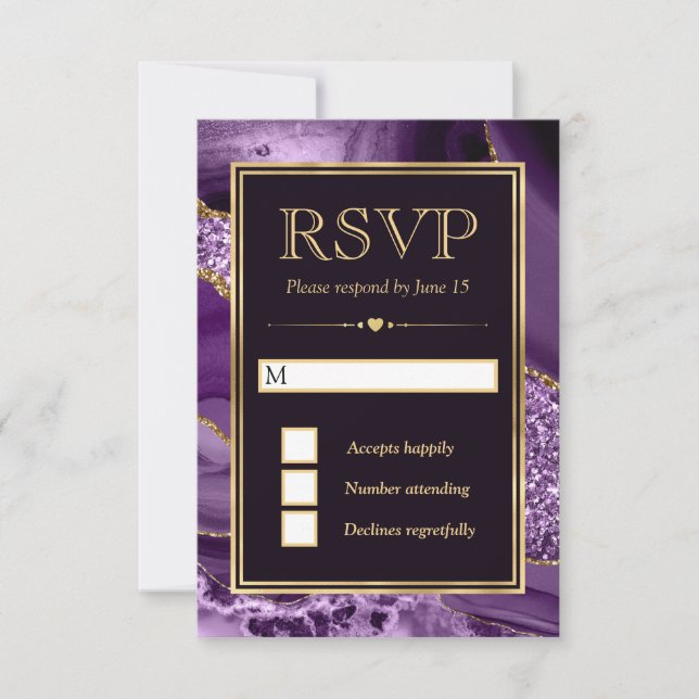 Elegante Lila und Gold Glitzer Agate Wedding RSVP Karte (Vorderseite)