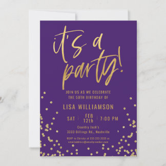 Elegante Lila und goldene 50. Geburtstagsparty Einladung