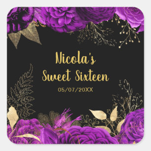Elegante lila und goldene Blumen Sweet Sixteen Quadratischer Aufkleber