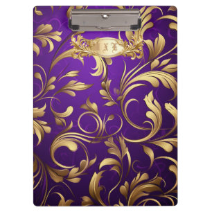 Elegante Lila und goldene Damaske Mit Monogramm Klemmbrett