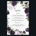 Elegante Lila und goldene Green Wedding Menu Cards<br><div class="desc">Das Design besticht durch helle und dunkle lila Farbtöne der Aquarellfarben-Rose und die Blume der Pionierarbeit über den botanischen Eukalyptus und andere elegante Grünelemente, die einen Kranz bilden. Das Design besticht durch Vintage Blattelemente, die dem Gesamtdesign noch mehr Eleganz verleihen. Die Rückseite ist Set in einem dunklen, lila Schatten. Sie...</div>
