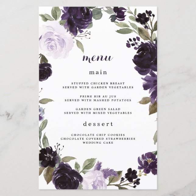 Elegante Lila und goldene Green Wedding Menu Cards (Vorderseite)