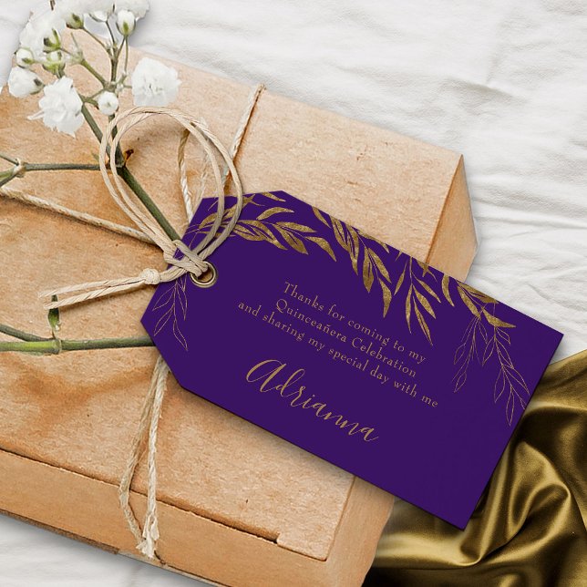 Elegante Lila und goldene Leaf-Gefallen Geschenkanhänger (Purple favor gift tag from my Gold Leaf Quinceanera Collection)