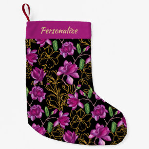 Elegante lila und goldene Magnolienblüten Weihnach Kleiner Weihnachtsstrumpf