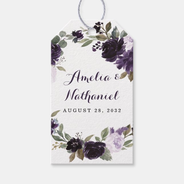 Elegante Lila und goldgrüne Gastgeschenk Hochzeit Geschenkanhänger (Vorderseite)