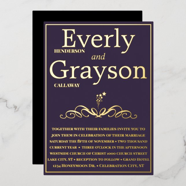 Elegante Lila- und Goldhochzeit Folieneinladung (Vorderseite/Rückseite)