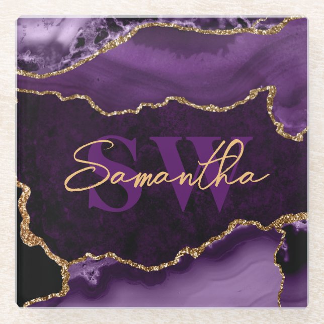 Elegante Lila und Imitate Gold Glitzer Glasuntersetzer (Vorderseite)