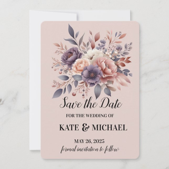 Elegante Lila und peach Blush Bloral Wedding Save The Date (Vorderseite)