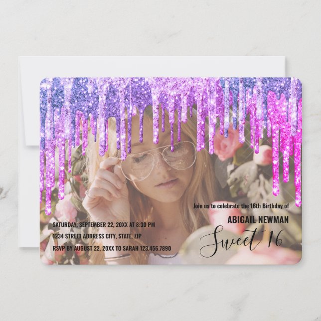 Elegante lila und rosa Glitzer Tropfen 16 . Geburt Einladung (Vorderseite)