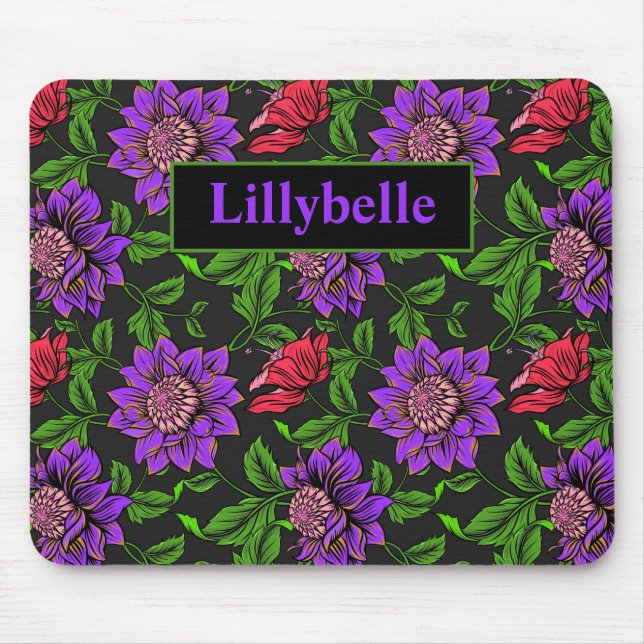 Elegante Lila und rote Blume Schwarzer Hintergrund Mousepad (Vorne)