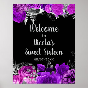 Elegante lila und silberne Blumen Sweet Sixteen Poster