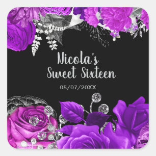 Elegante lila und silberne Blumen Sweet Sixteen Quadratischer Aufkleber