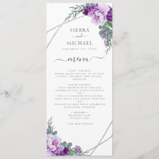 Elegante Lila und silberne Hochzeitsempfehlung Menükarte