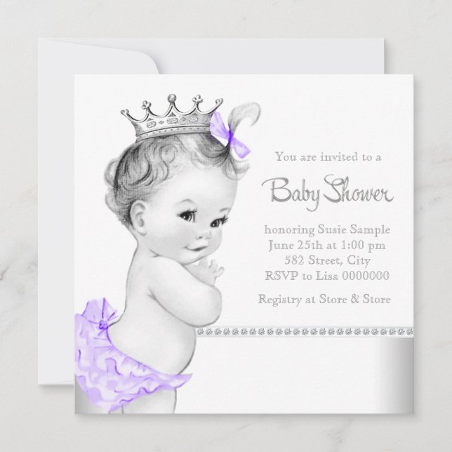 Elegante Lila und Silver Baby Dusche Einladung (Vorderseite)