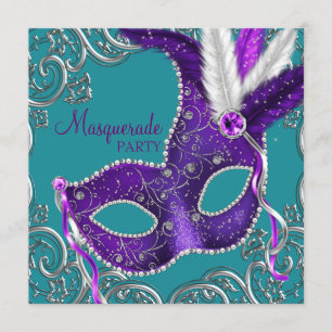 Elegante lila und türkisblaue Maskenparty Einladung