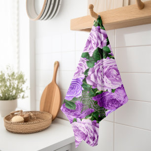 Elegante lila Vintage-Blumenrosen Botanik Geschirrtuch