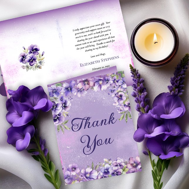 Elegante Lila Violets Blumengeburt Party Dankeskarte (Boho Elegant Purple Violets Floral Folded Thank You Card - Birthdays or Other Occasions)