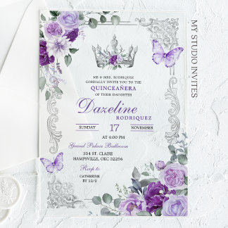 Elegante lila violette Kronen-Quinceanera Acryleinladungen