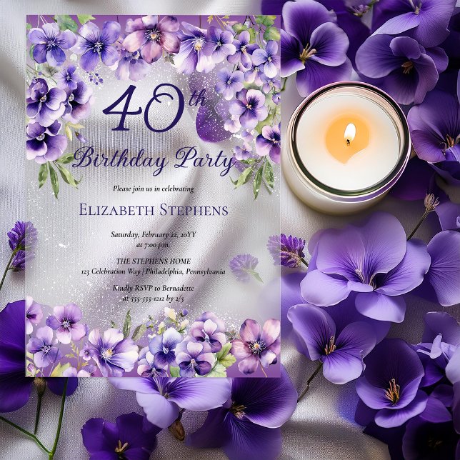Elegante Lila Violetten Blumenmuster 40. Geburtsta Acryleinladungen (Elegant Purple Violets Floral 40th Birthday Party Acrylic Invitations)