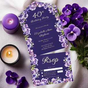 Elegante Lila Violetten Blumenmuster 40. Geburtsta All-in-One-Einladung