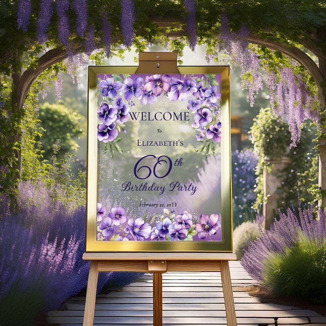 Elegante Lila Violetten Blumenzwiebeln 60. Geburts Acrylschild (Elegant Purple Violets Floral 60th Birthday Party Acrylic Sign)