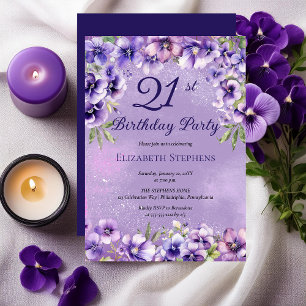 Elegante Lila Violetten Floral 21. Geburtstag Part Einladung