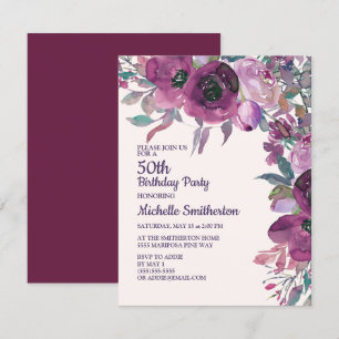 Elegante lila Wasserfarbe-Floral 50. Geburtstag Einladung