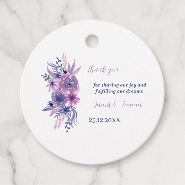 Elegante Lila Wasserfarbe Personalisierte Hochzeit Geschenkanhänger (Vorderseite)