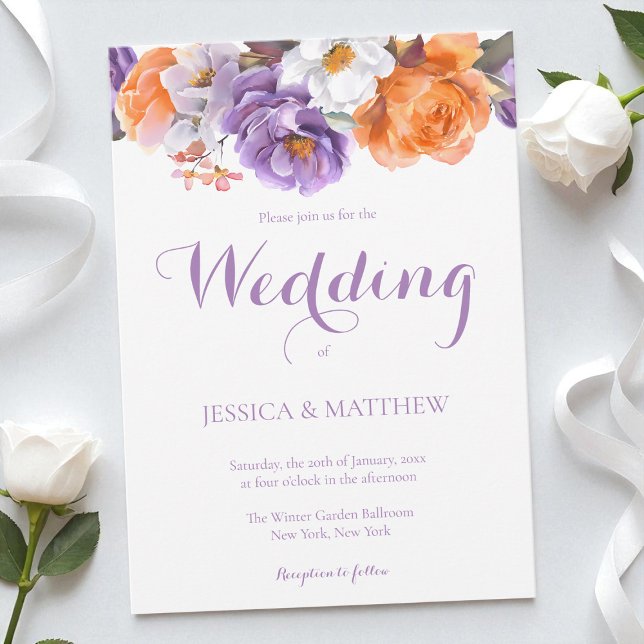 Elegante Lila Wasserfarben-Blume Hochzeit Einladung (Elegant Floral Purple Watercolor Flowers Wedding Invitation)