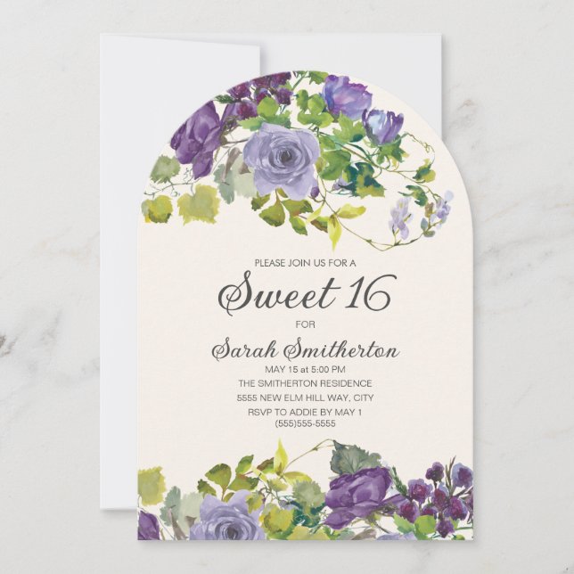 Elegante Lila Wasserfarben Blütenreben Süß 16 Einladung