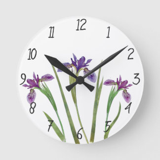 Elegante Lila Wasserfarben Iris Blume Botanisch Runde Wanduhr