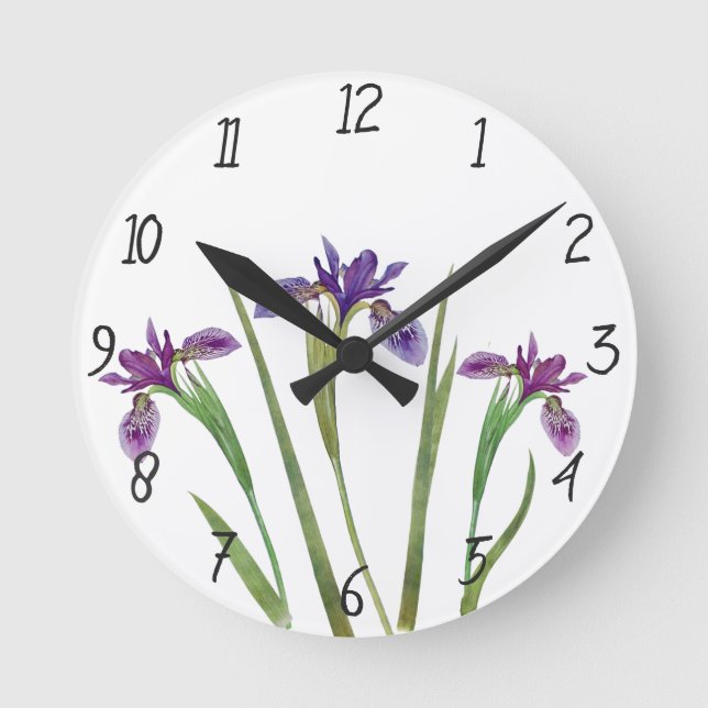Elegante Lila Wasserfarben Iris Blume Botanisch Runde Wanduhr (Vorderseite)