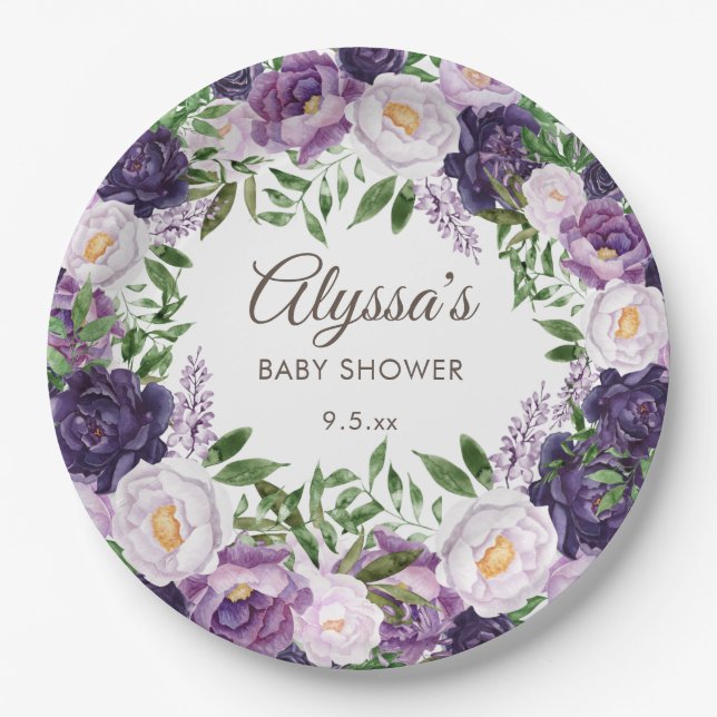 Elegante Lila Wasserfarbenflora Girl Babydusche Pappteller (Vorderseite)