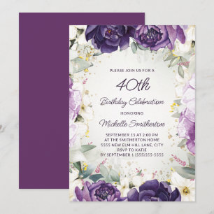 Elegante lila weiße Blumen Glitter 40. Geburtstag Einladung