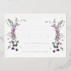 Elegante lila Wildblumen Hochzeit - Termin vormerk Folieneinladung
